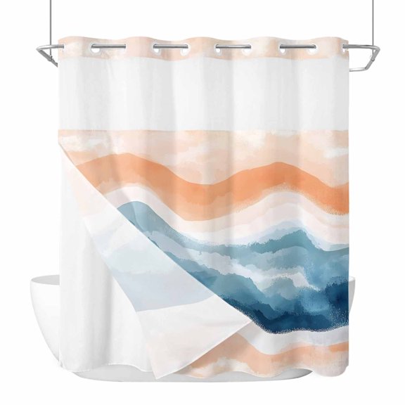No Hook Shower Curtain with Snap in Liner Ocean Waves Shower Curtain Sets Abstract Gradient Fabric Liner Set See Through Top Waterproof Curtains for Bathroom 72"W x 72"L