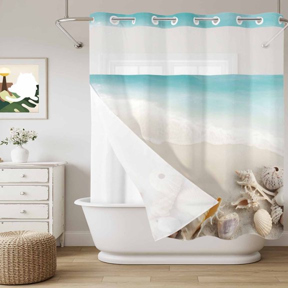No Hook Shower Curtain with Snap in Liner, Oceans Beach Sea Shell Starfish Curtain Set See-Through Top Double Layers Summer Marine Theme Shower Curtains for Bathroom Decor, 72x72in