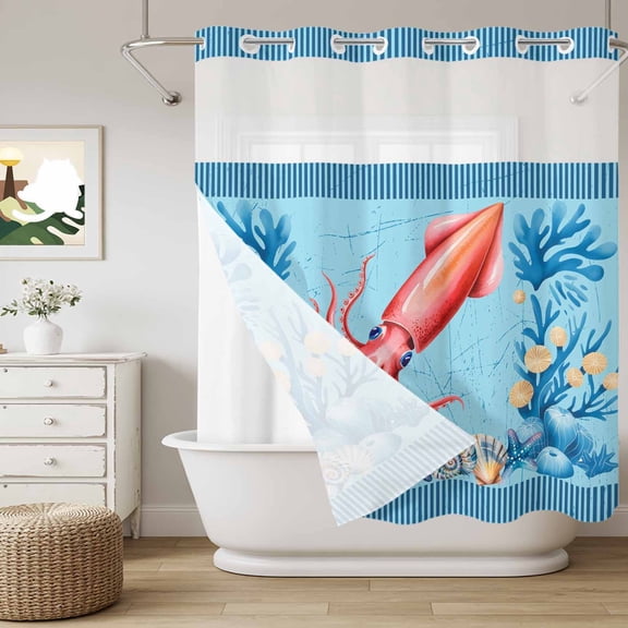 No Hook Shower Curtain with Snap in Liner, Oceans Red Squid Sea Stars Curtain Set See-Through Top Double Layers Shells Blue Striped Shower Curtains for Bathroom Decor, 72x72in