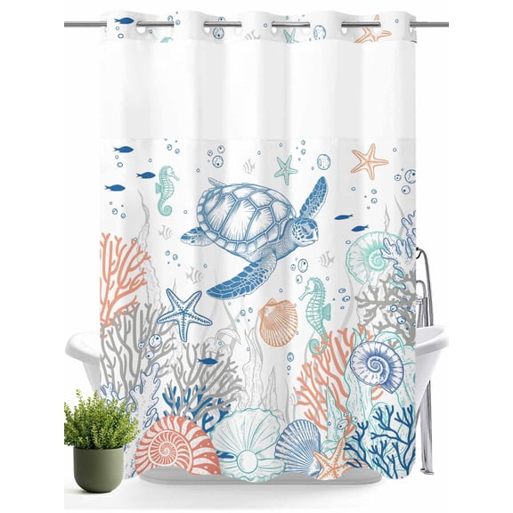 No Hook Shower Curtain with Snap in Liner,Oceans Turtles Seahorse Shells Waterproof Bath Curtain Double Layers with See Through Top Window,Colorful Marine Life Hotel Shower Curtains 60x72in
