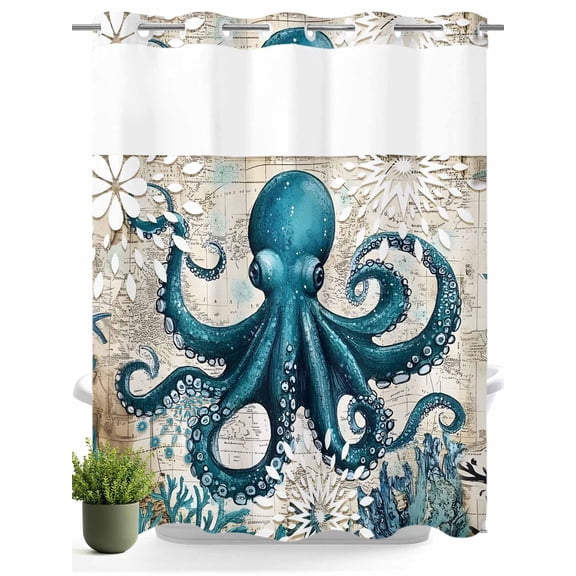 No Hook Shower Curtain with Snap in Liner,Octopus Ocean Coral Sea Monster Waterproof Bath Curtain Double Layers with See Through Top Window,Underwater World Vintage Letter Shower Curtains 72x72in