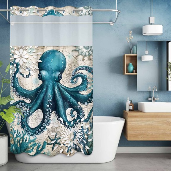 No Hook Shower Curtain with Snap in Liner, Octopus Ocean Coral Sea Monster Waterproof Fabric Bathroom Curtain Mesh Top Window, Underwater World Vintage Letter Shower Curtains 36x72in