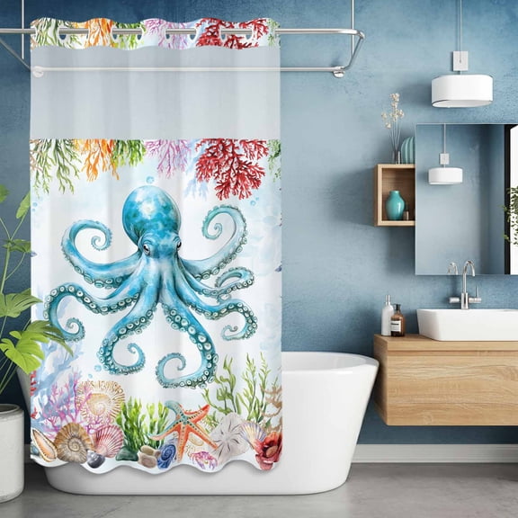 No Hook Shower Curtain with Snap in Liner, Octopus Ocean Coral Starfish Waterproof Fabric Bathroom Curtain Mesh Top Window, Sea Monster Underwater World Shower Curtains 36x72in