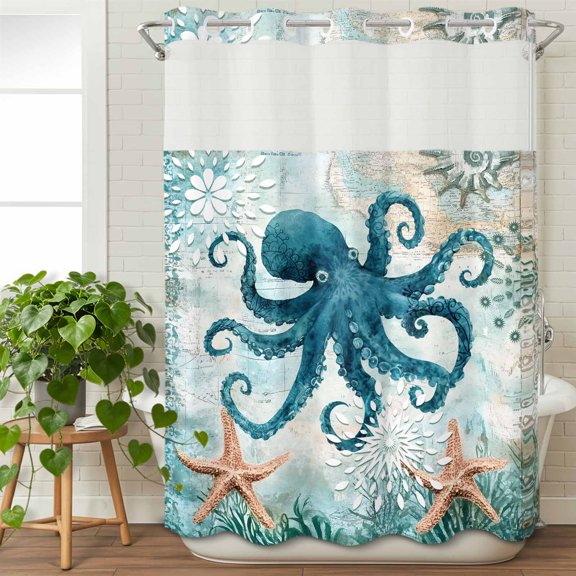 No Hook Shower Curtain with Snap in Liner, Octopus Sea Monster Starfish Coral Waterproof Fabric Bathroom Curtain Mesh Top Window, Vintage Map Blue Ocean Shower Curtains 48x72in