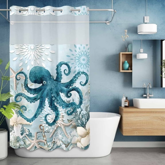 No Hook Shower Curtain with Snap in Liner, Octopus Sea Starfish Anchor Waterproof Fabric Bathroom Curtain Mesh Top Window, Monster Marine Life Blue Gradient Shower Curtains 36x72in