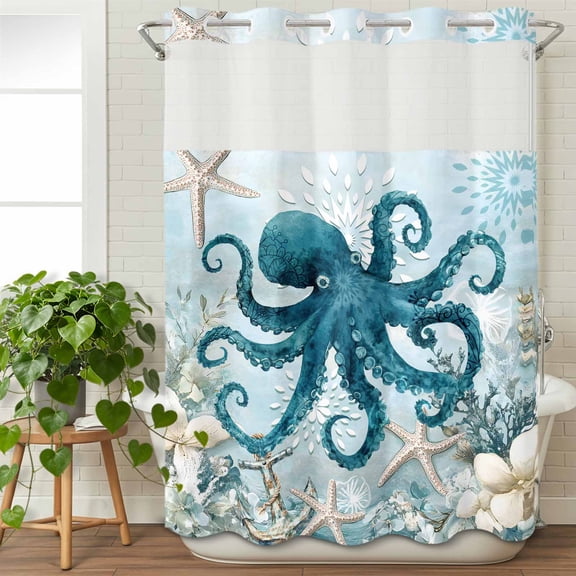 No Hook Shower Curtain with Snap in Liner, Octopus Sea Starfish Anchor Waterproof Fabric Bathroom Curtain Mesh Top Window, Monster Marine Life Blue Gradient Shower Curtains 48x72in