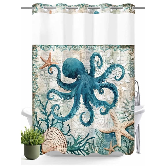 No Hook Shower Curtain with Snap in Liner,Octopus Starfish Shell Sea Monster Waterproof Bath Curtain Double Layers with See Through Top Window,Nautical Map Hotel Shower Curtains 60x72in