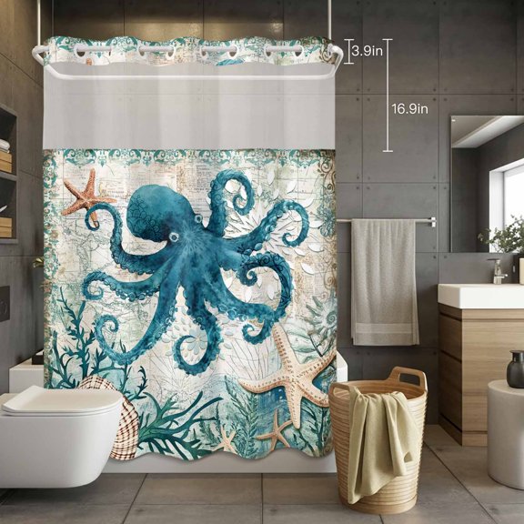 No Hook Shower Curtain with Snap in Liner, Octopus Starfish Shell Sea Monster Waterproof Fabric Bathroom Curtain Mesh Top Window, Nautical Map Shower Curtains 72x84in