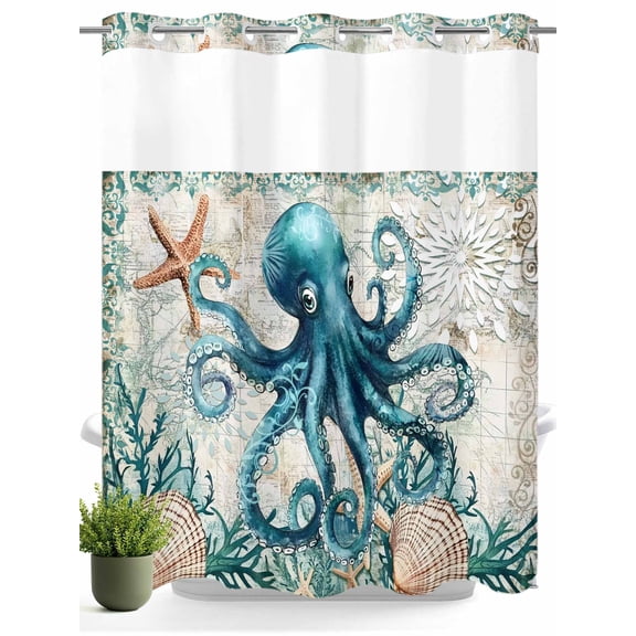 No Hook Shower Curtain with Snap in Liner,Octopus Starfish Shells Coral Waterproof Bath Curtain Double Layers with See Through Top Window,Sea Monster Retro Style Hotel Shower Curtains 72x72in