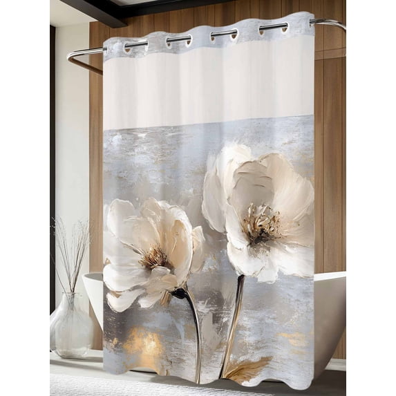 No Hook Shower Curtain with Snap in Liner, Oil Painting Style Magnolia Flowers Waterproof Fabric Bathroom Curtain Mesh Top Window, Retro Floral Art Shower Curtains 60x72in