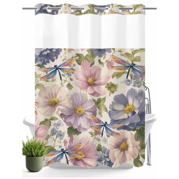No Hook Shower Curtain with Snap in Liner,Oil Painting Style Spring Flowers Waterproof Bath Curtain Double Layers with See Through Top Window,Dragonflies Floral Art Hotel Shower Curtains 60x72in