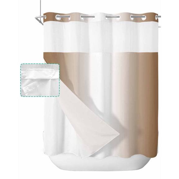 No Hook Shower Curtain with Snap in Liner, Ombre Abstract Gradient Cappuccino and White Hotel Shower Curtains for Bathroom, Washable Shower Curtain Liner Set with Mesh Top Window, 72”x78”