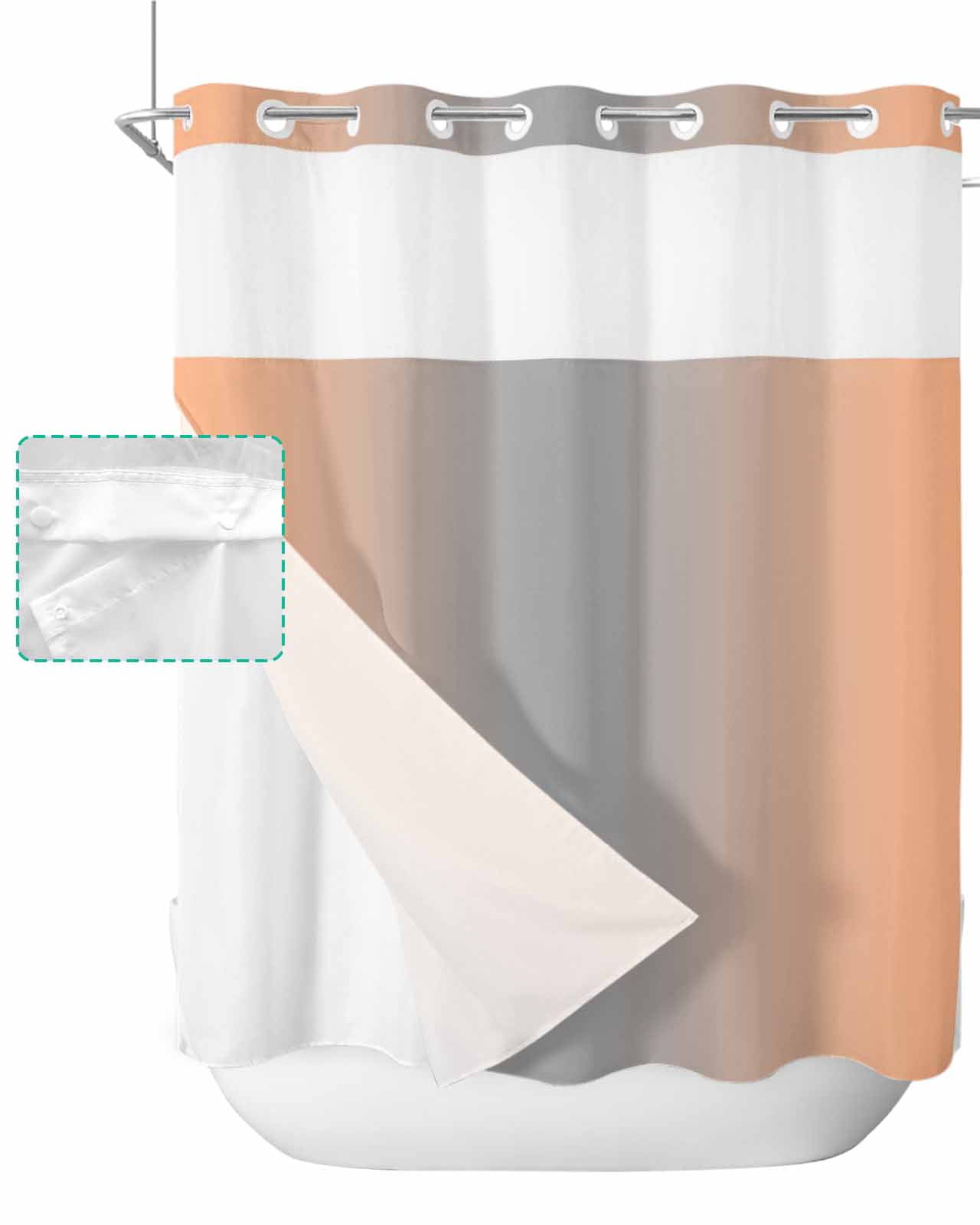 No Hook Shower Curtain with Snap in Liner, Ombre Abstract Gradient Coral Pink and Gray Hotel Shower Curtains for Bathroom, Washable Shower Curtain Liner Set with Mesh Top Window, 72"x72"