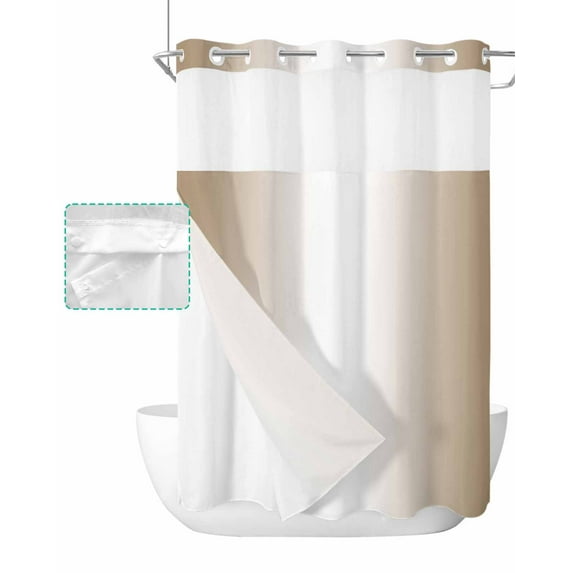 No Hook Shower Curtain with Snap in Liner, Ombre Abstract Gradient Khaki and White Hotel Shower Curtains for Bathroom, Washable Shower Curtain Liner Set with Mesh Top Window, 72"x84"