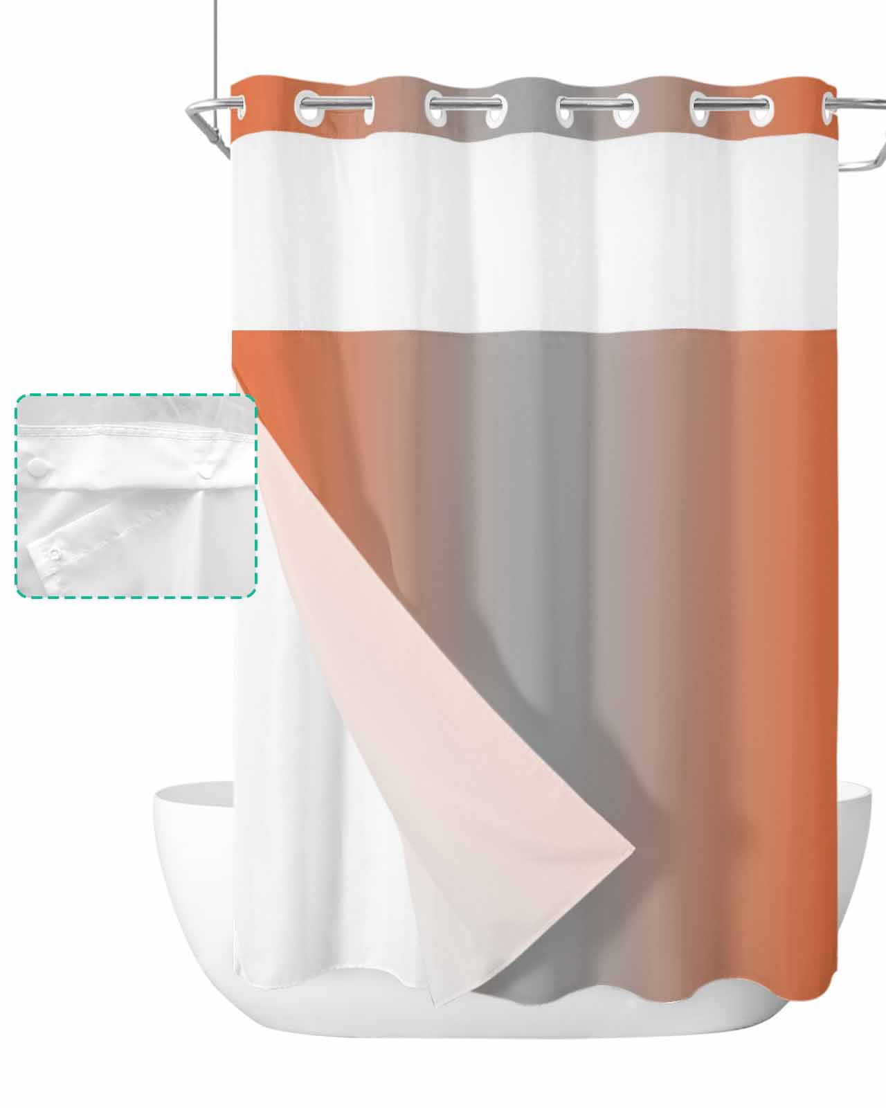 No Hook Shower Curtain with Snap in Liner, Ombre Abstract Gradient Orange and Gray Hotel Shower Curtains for Bathroom, Washable Shower Curtain Liner Set with Mesh Top Window, 72"x96"