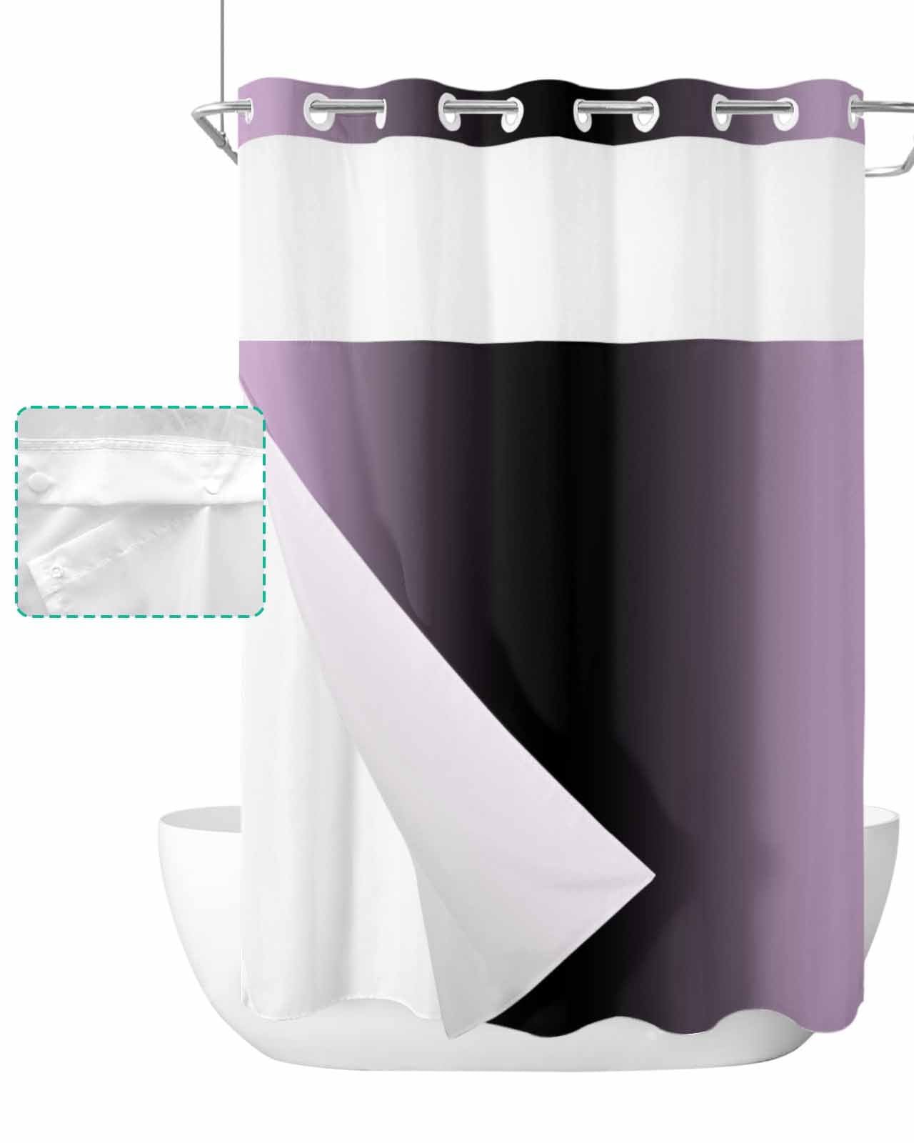 No Hook Shower Curtain with Snap in Liner, Ombre Abstract Gradient Purple and Black Hotel Shower Curtains for Bathroom, Washable Shower Curtain Liner Set with Mesh Top Window, 72"x84"