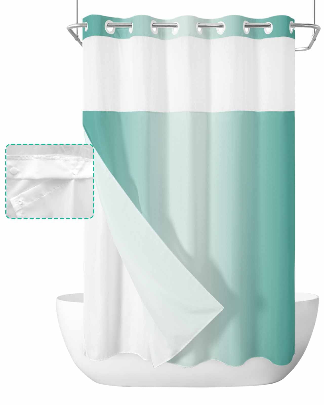No Hook Shower Curtain with Snap in Liner, Ombre Abstract Gradient Teal Turquoise Hotel Shower Curtains for Bathroom, Washable Shower Curtain Liner Set with Mesh Top Window, 54"x78"