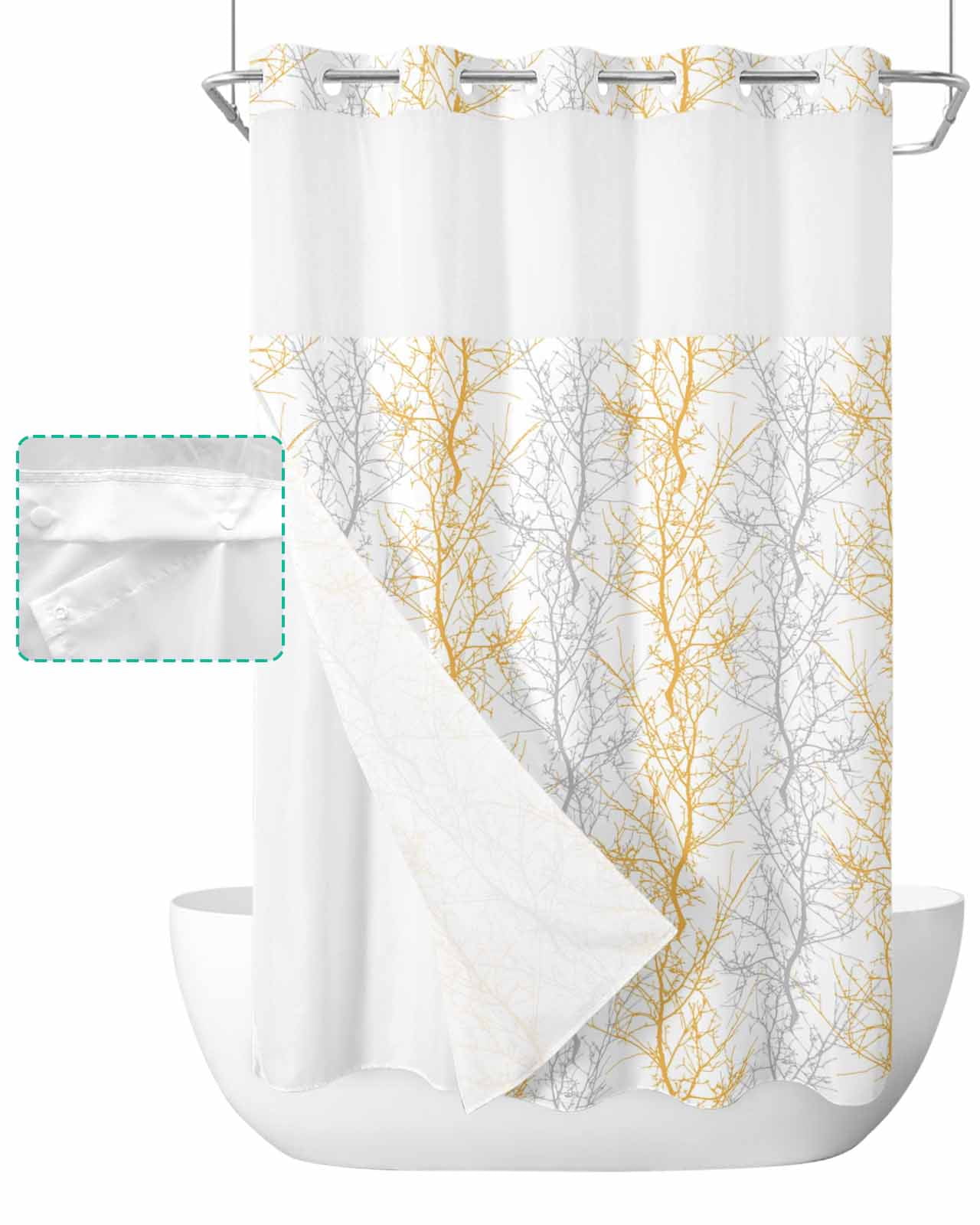 No Hook Shower Curtain with Snap in Liner, Orange Grey Tree Branch