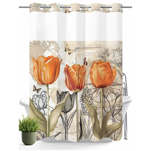 No Hook Shower Curtain with Snap in Liner,Orange Tulip Flower Plants Waterproof Bath Curtain Double Layers with See Through Top Window,Butterfly Vintage Map Hotel Shower Curtains 60x72in