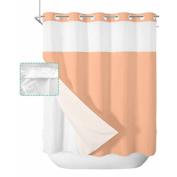 No Hook Shower Curtain with Snap in Liner, Peach Coral Solid Color Hotel Shower Curtains for Bathroom, Washable Shower Curtain Liner Set with Mesh Top Window, 66"x72"
