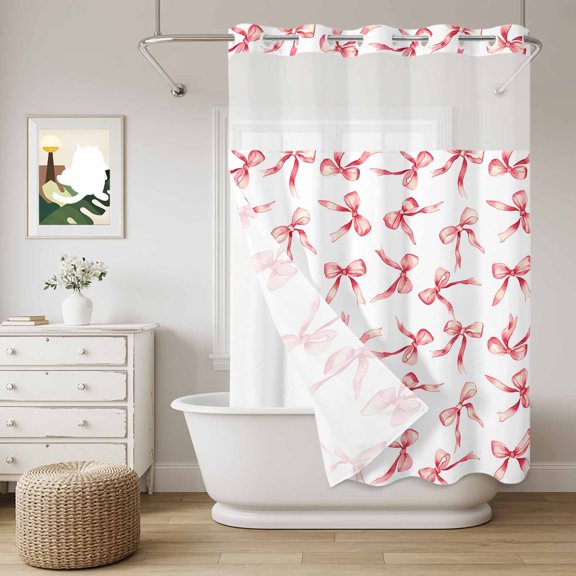 No Hook Shower Curtain with Snap in Liner, Pink Bow Seamless Curtain Set See-Through Top Double Layers Romance Shower Curtains for Bathroom Decor, 60x72in