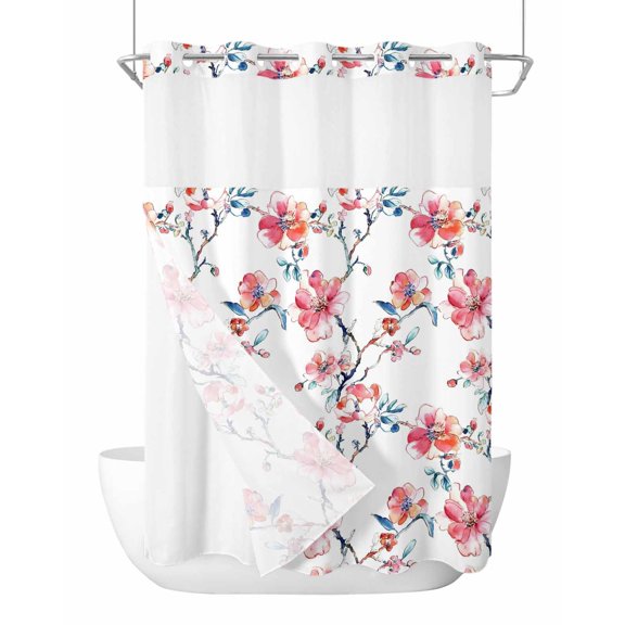 No Hook Shower Curtain with Snap in Liner Pink Floral Branch Shower Curtain -Fabric Waterproof Inner Liner, Watercolor Leaves Shower Curtains Washable 60"x72"