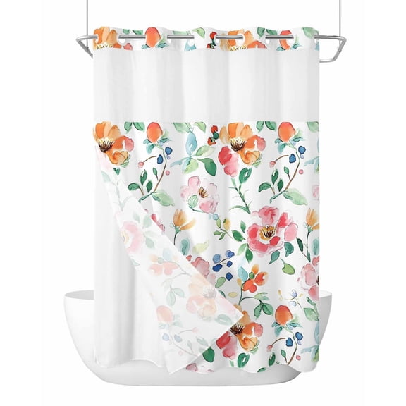 No Hook Shower Curtain with Snap in Liner Pink Floral Shower Curtain -Fabric Waterproof Inner Liner, Watercolor Flowers Leaves Shower Curtains Washable 60"x72"