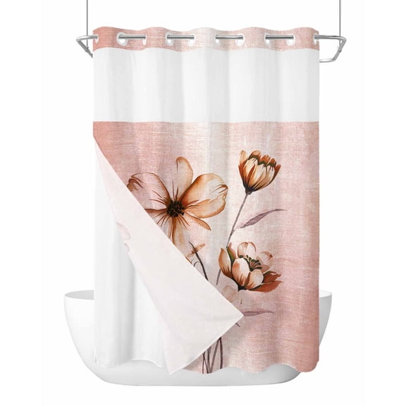 No Hook Shower Curtain with Snap in Liner Pink Flower Shower Curtain -Fabric Waterproof Inner Liner, Floral Branch Leaves Gradients Vintage Shower Curtains Washable 60"x72"