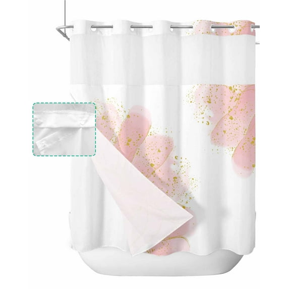 No Hook Shower Curtain with Snap in Liner, Pink Golden Ombre Flowers Watercolor Floral Hotel Shower Curtains for Bathroom, Washable Shower Curtain Liner Set with Mesh Top Window, 66"x72"