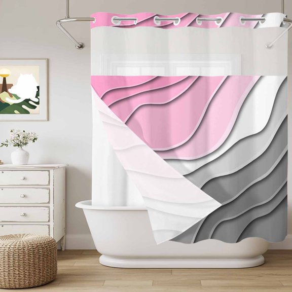 No Hook Shower Curtain with Snap in Liner, Pink Gray Gradient Stripe Ripple Curtain Set See-Through Top Double Layers Abstract Geometric Ombre Shower Curtains for Bathroom Decor, 72x72in