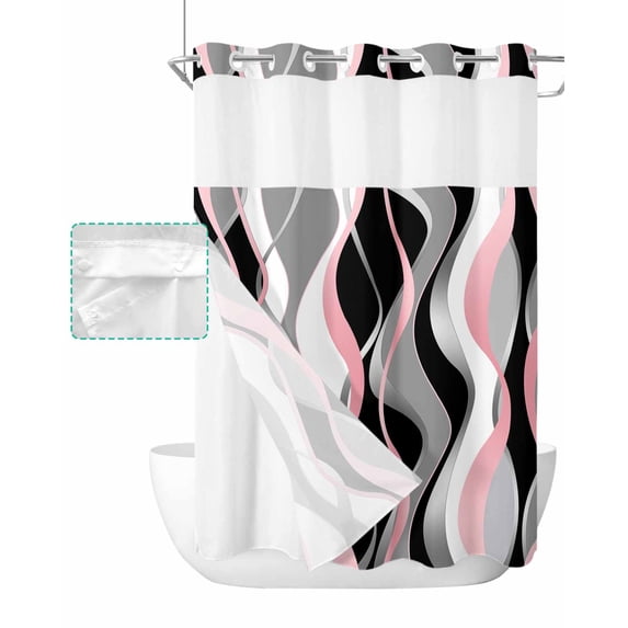No Hook Shower Curtain with Snap in Liner, Pink Grey Black Abstract Art Geometric Lines Hotel Shower Curtains for Bathroom, Washable Shower Curtain Liner Set with Mesh Top Window, 72"x96"
