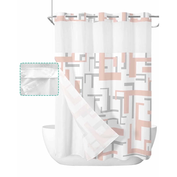 No Hook Shower Curtain with Snap in Liner, Pink Grey Geometric Modern Art Abstract Mid Century Hotel Shower Curtains for Bathroom, Washable Shower Curtain Liner Set with Mesh Top Window, 48"x72"