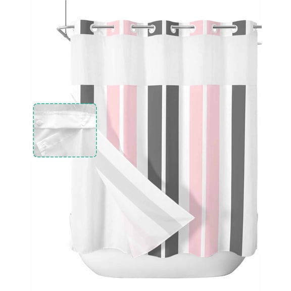 No Hook Shower Curtain with Snap in Liner, Pink and Grey Striped Rectangular Geometric Hotel Shower Curtains for Bathroom, Washable Shower Curtain Liner Set with Mesh Top Window, 66"x72"