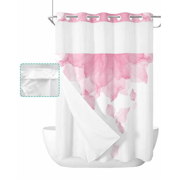 No Hook Shower Curtain with Snap in Liner, Pink Ombre Flowers Floral Hotel Shower Curtains for Bathroom, Washable Shower Curtain Liner Set with Mesh Top Window, 48"x72"
