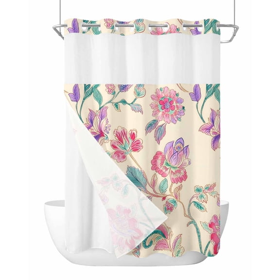 No Hook Shower Curtain with Snap in Liner Pink Purple Flower Shower Curtain -Fabric Waterproof Inner Liner, Green Leaf Vintage Floral Country Shower Curtains Washable 72"x84"