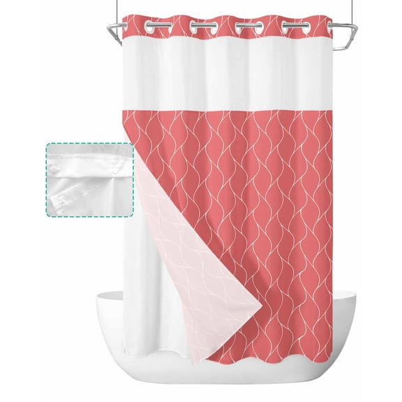 No Hook Shower Curtain with Snap in Liner, Pink Red Long Wave Pattern Texture Hotel Shower Curtains for Bathroom, Washable Shower Curtain Liner Set with Mesh Top Window, 36"x72"