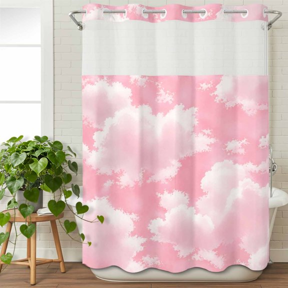 No Hook Shower Curtain with Snap in Liner, Pink Sky Cloud Waterproof Bath Curtain Double Layers with See Through Top Window, Clear Weather Clouds Sky Hotel Shower Curtains 72x84in
