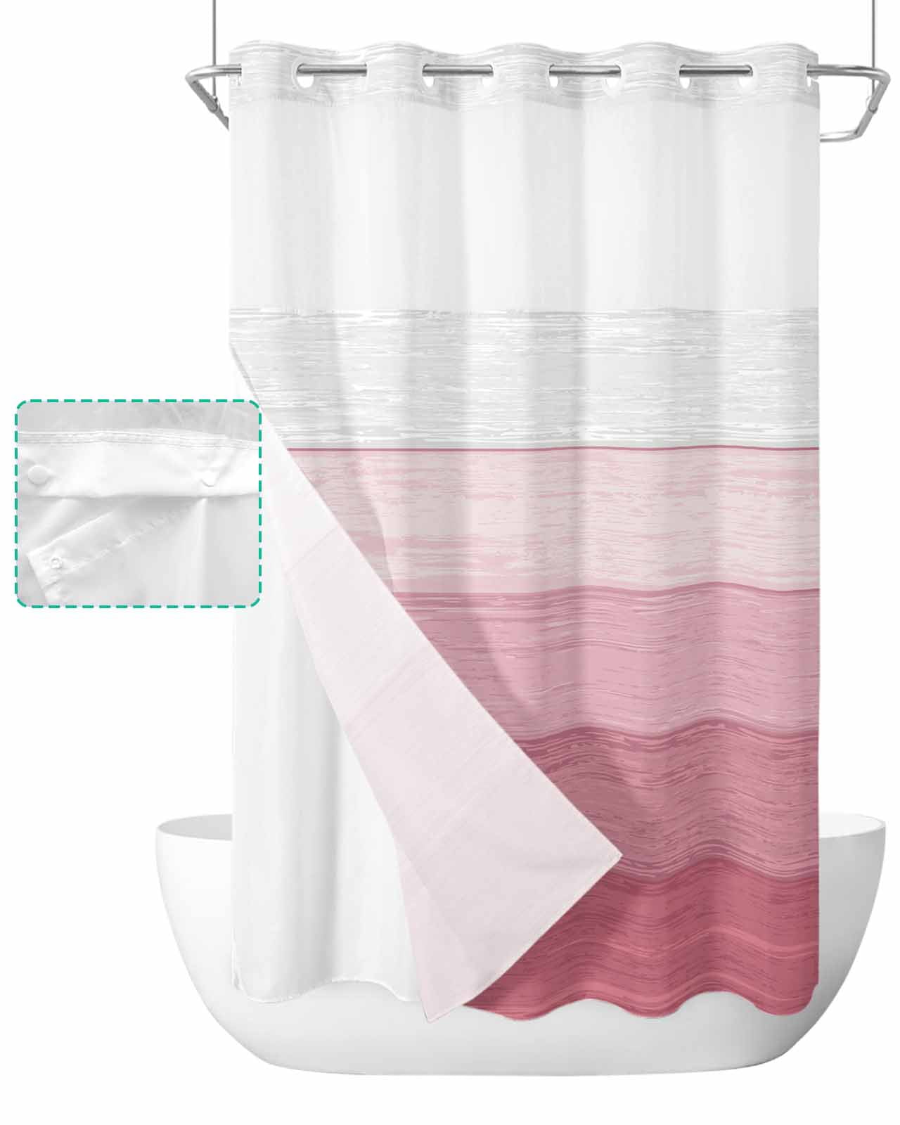 No Hook Shower Curtain with Snap in Liner, Pink Striped Gradient Rustic Wood Board Hotel Shower Curtains for Bathroom, Washable Shower Curtain Liner Set with Mesh Top Window, 36"x78"