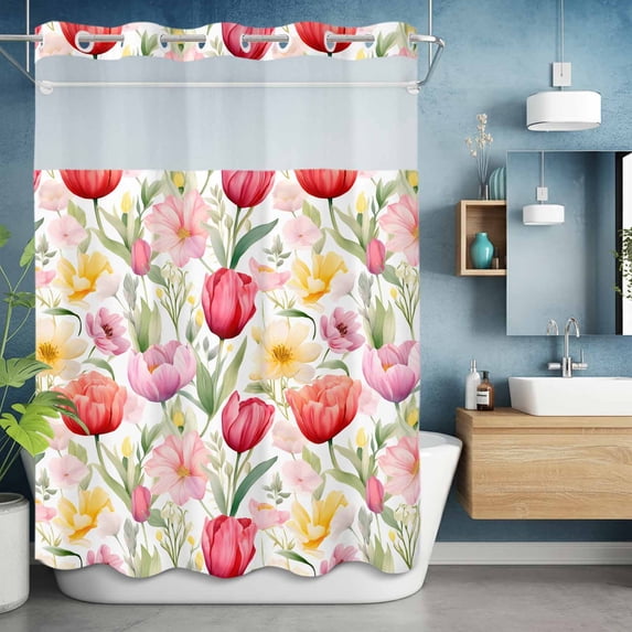 No Hook Shower Curtain with Snap in Liner, Pink Tulips Spring Flower Waterproof Bath Curtain Double Layers with See Through Top Window, Watercolor Floral Seamless Hotel Shower Curtains 60x72in