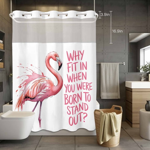 No Hook Shower Curtain with Snap in Liner, Pink Watercolor Tropical Flamingo Waterproof Fabric Bathroom Curtain Mesh Top Window, Animal and Quote on White Shower Curtains 72x84in