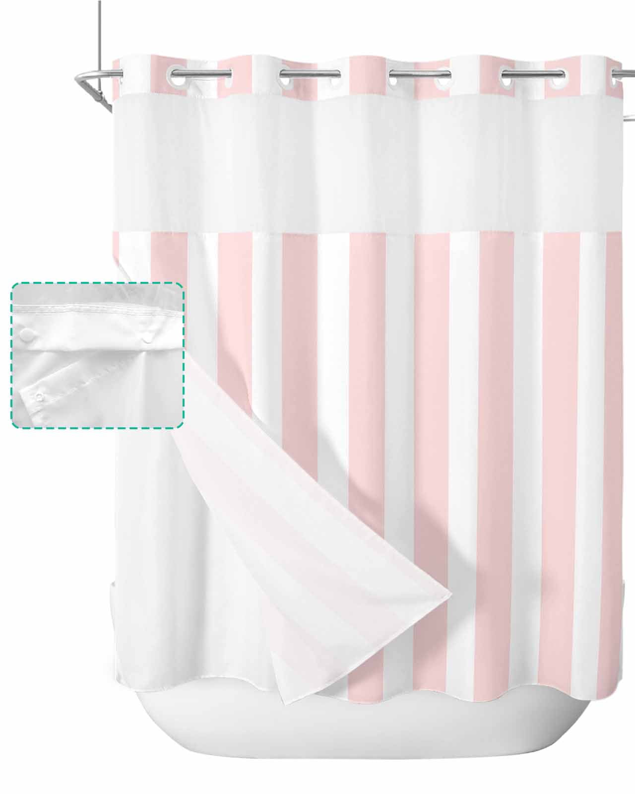 No Hook Shower Curtain with Snap in Liner, Pink and White Striped Geometric Hotel Shower Curtains for Bathroom, Washable Shower Curtain Liner Set with Mesh Top Window, 72"x72"