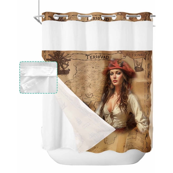 No Hook Shower Curtain with Snap in Liner, Pirate Girl Cute Dog Treasure Map Hotel Shower Curtains for Bathroom, Washable Shower Curtain Liner Set with Mesh Top Window, 72”x78”