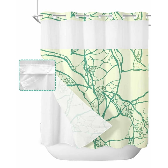 No Hook Shower Curtain with Snap in Liner, Plant Leaves Abstract Green Yellowish Lines Hotel Shower Curtains for Bathroom, Washable Shower Curtain Liner Set with Mesh Top Window, 72”x78”