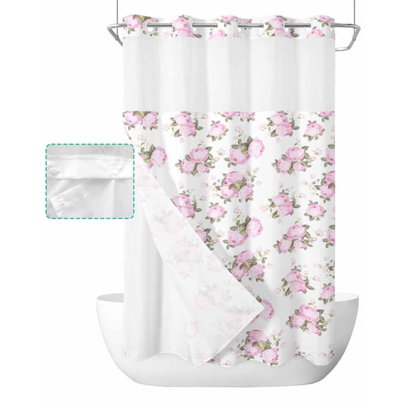 No Hook Shower Curtain with Snap in Liner, Plants Pink Flowers Watercolor Hand Painted Style Hotel Shower Curtains for Bathroom, Washable Shower Curtain Liner Set with Mesh Top Window, 36"x72"