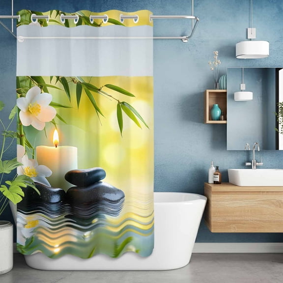 No Hook Shower Curtain with Snap in Liner, Plumeria Flower Stones Lake Zen Meditation Waterproof Fabric Bathroom Curtain Mesh Top Window, Still Life Shower Curtains 36x72in