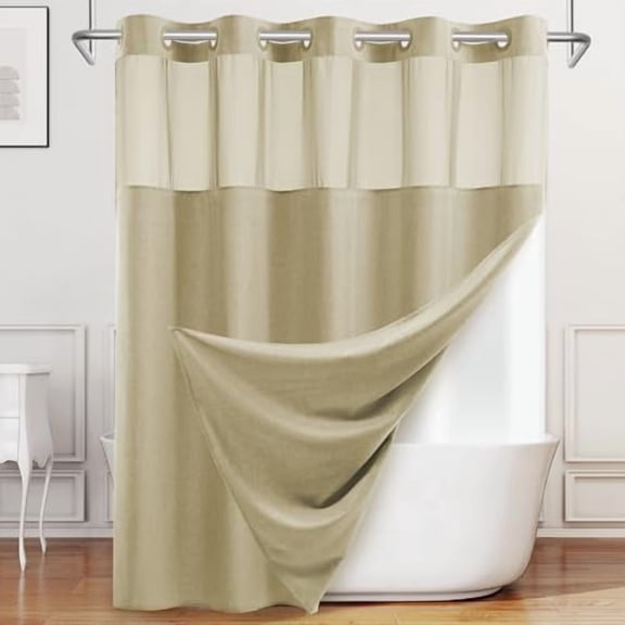 No Hook Shower Curtain with Snap in Liner, Polyester Textured Shower Curtain with Liner Set, Waterproof Washable Hotel Style Shower Curtains for Bathroom, 71Wx74H, Khaki