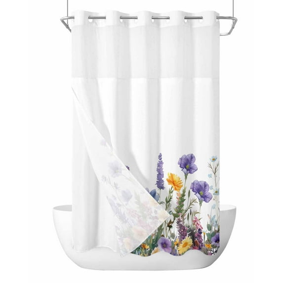 No Hook Shower Curtain with Snap in Liner Poppy Lavender Shower Curtain -Fabric Waterproof Inner Liner, Daisy Flowers Watercolor Floral Retro Linen Shower Curtains Washable 36"x78"