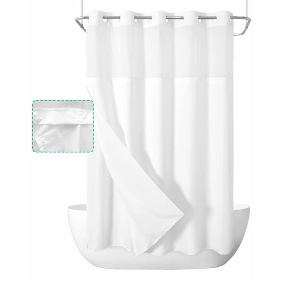 No Hook Shower Curtain with Snap in Liner, Pure White Solid Color Hotel Shower Curtains for Bathroom, Washable Shower Curtain Liner Set with Mesh Top Window, 36"x72"