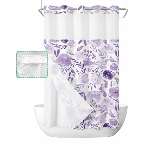 No Hook Shower Curtain with Snap in Liner, Purple Flowers Watercolor Floral Plants Hotel Shower Curtains for Bathroom, Washable Shower Curtain Liner Set with Mesh Top Window, 36"x78"