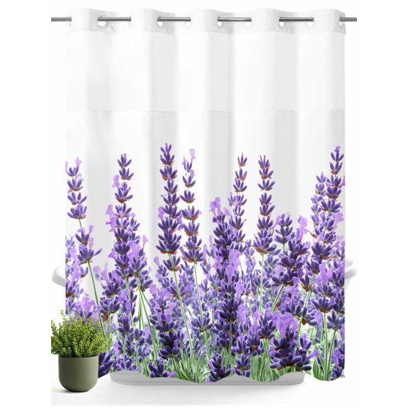 No Hook Shower Curtain with Snap in Liner,Purple Lavender Flower on White Waterproof Bath Curtain Double Layers with See Through Top Window,Spring Idyllic Botanical Hotel Shower Curtains 72x72in